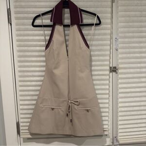 ZARA CREAM BACKLESS DRESS WITH BURGANDY COLLAR IN WOMENS SIZE SMALL